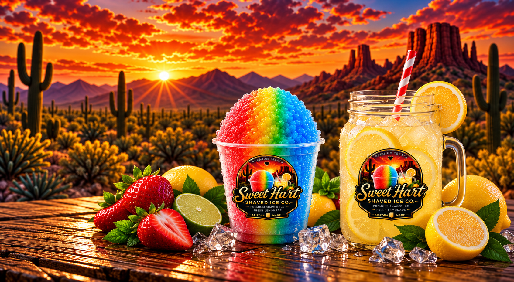 Arizona desert landscape with Sweet Hart shaved ice and fresh lemonade