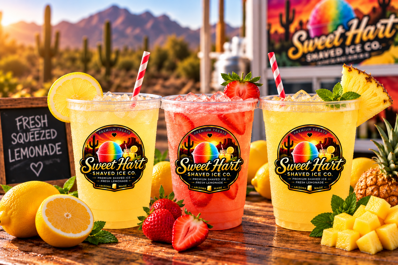 Three Sweet Hart fresh lemonade flavors served in clear 32-ounce containers